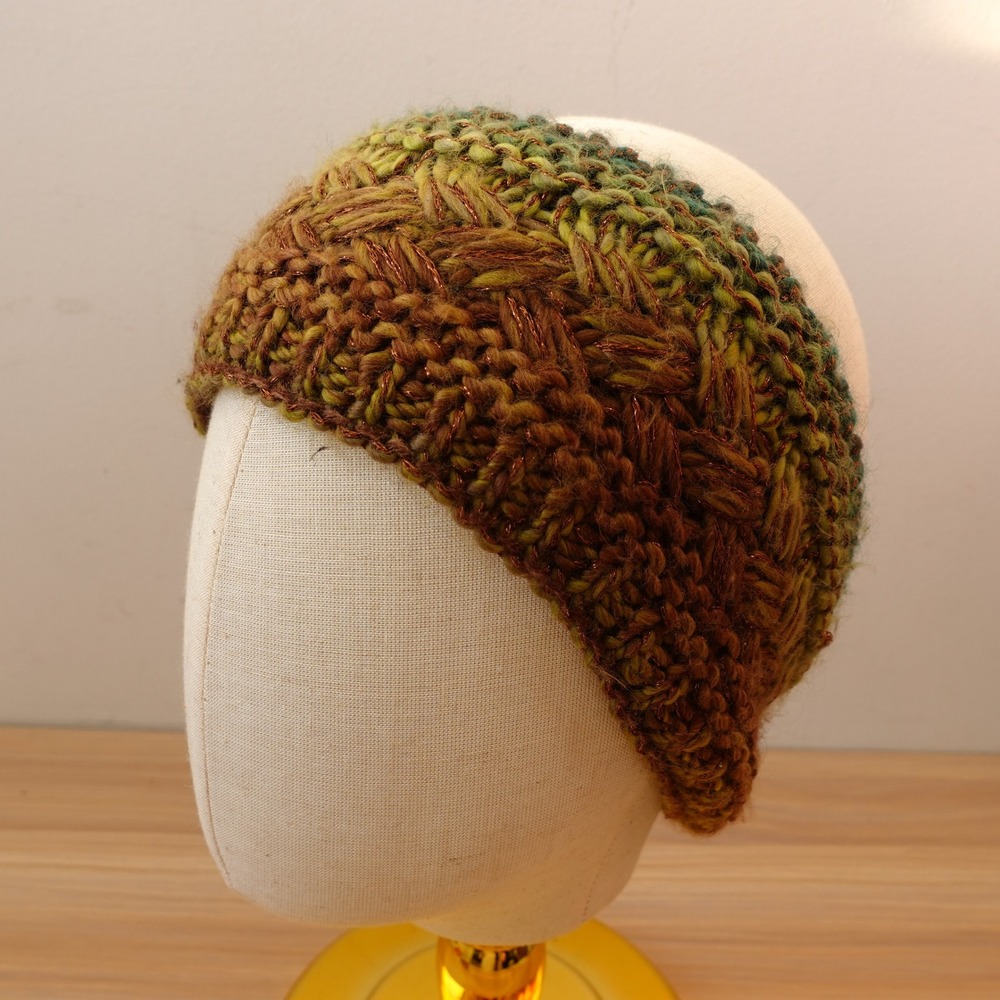 Womens Chunky Knit Headband ECHO Green Brown Basketweave Metallic Fleece Lined